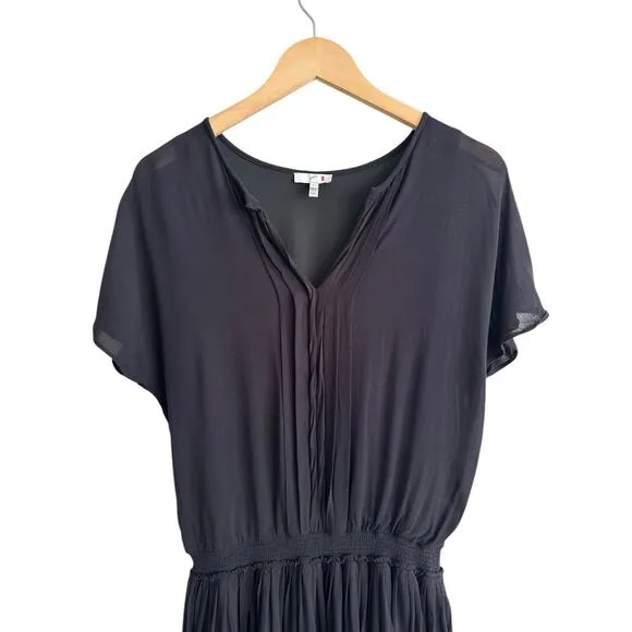 NEW Joie Bryton Pleated Blouson Black Short Sleeve Split V Neck Mini Dress XS