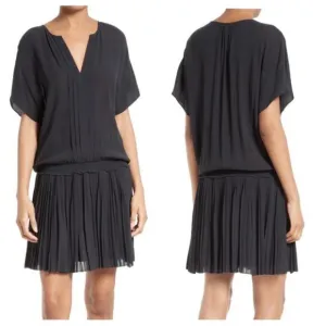 NEW Joie Bryton Pleated Blouson Black Short Sleeve Split V Neck Mini Dress XS
