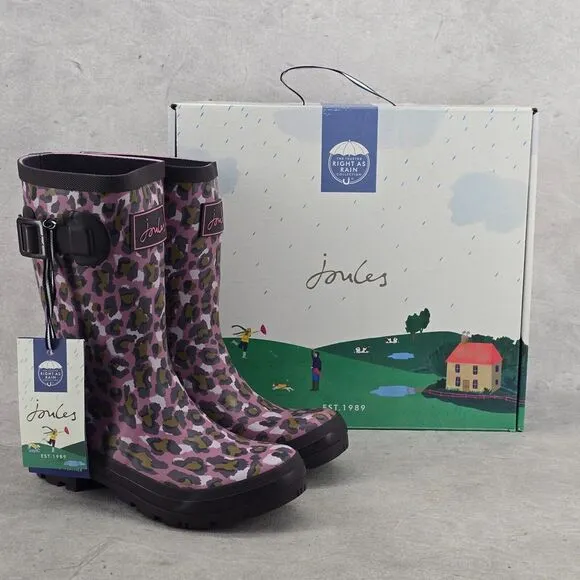 New Joules Rain Boots Mid Calf Molly Welly Pink Leopard Size US: 5 UK: 3