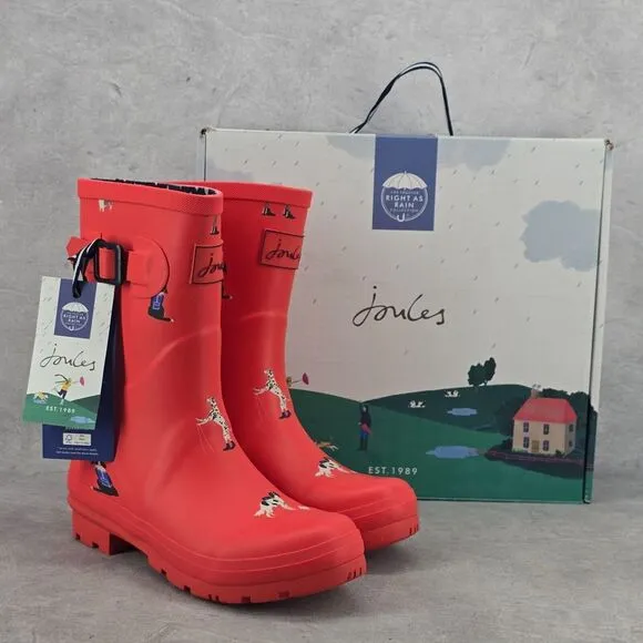 New‎ Joules Rain Boots Mid Calf Molly Welly Red Dogs Size US: 6 UK: 4