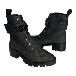 New KARL LAGERFELD Black Bedazzled Embellished Platform Lug Boots US 8.5 /EU39