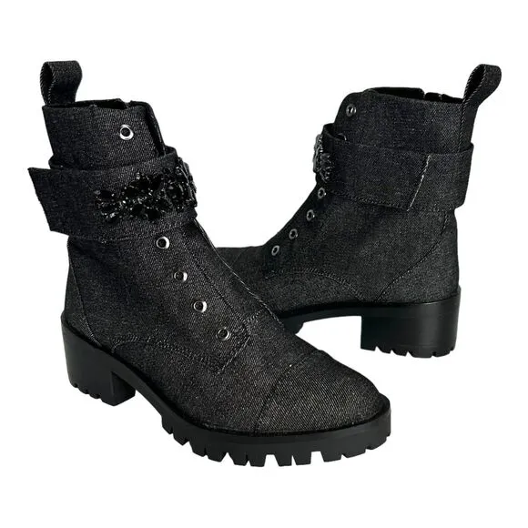 New KARL LAGERFELD Black Bedazzled Embellished Platform Lug Boots US 8.5 /EU39