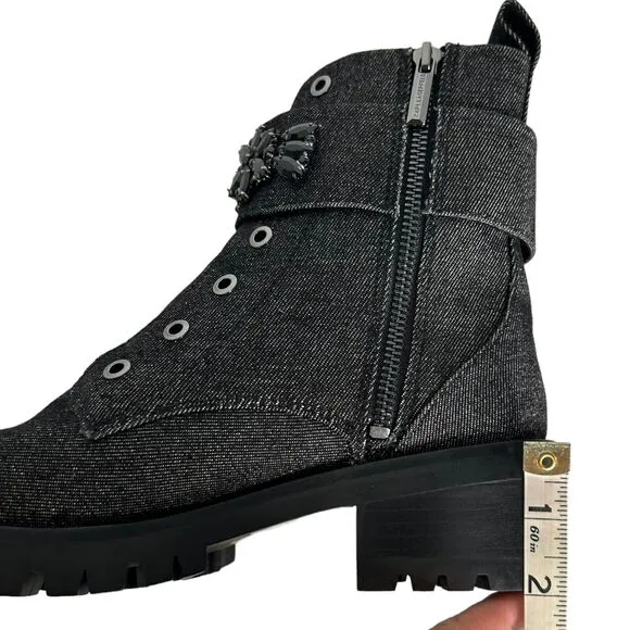 New KARL LAGERFELD Black Bedazzled Embellished Platform Lug Boots US 8.5 /EU39