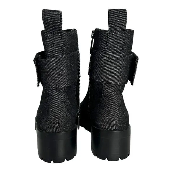 New KARL LAGERFELD Black Bedazzled Embellished Platform Lug Boots US 8.5 /EU39