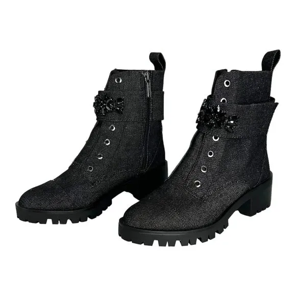 New KARL LAGERFELD Black Bedazzled Embellished Platform Lug Boots US 8.5 /EU39