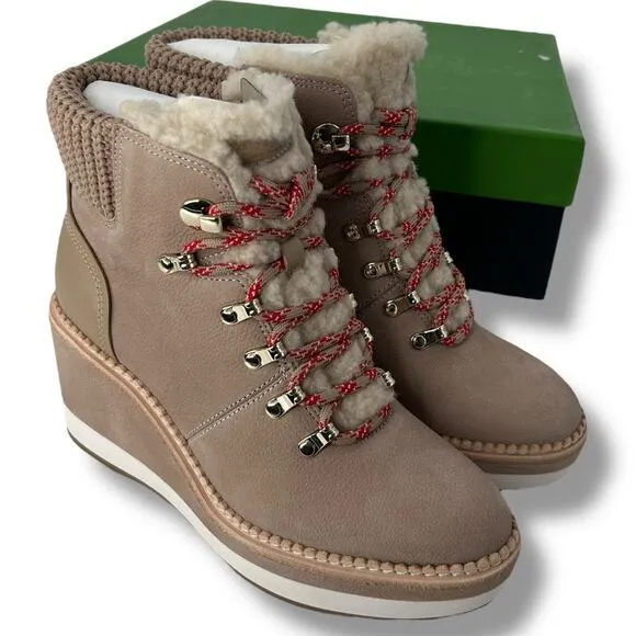 NEW Kate Spade Lace Up Wedge Boots size 8.5 Tan Shearling Leather Hiking Casual