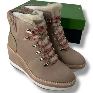 NEW Kate Spade Lace Up Wedge Boots size 8.5 Tan Shearling Leather Hiking Casual