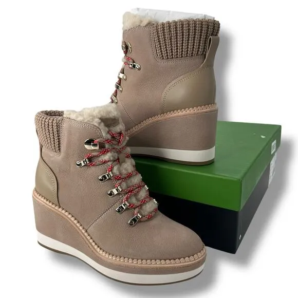 NEW Kate Spade Lace Up Wedge Boots size 8.5 Tan Shearling Leather Hiking Casual