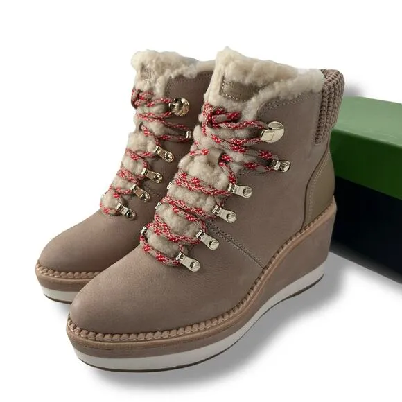 NEW Kate Spade Lace Up Wedge Boots size 8.5 Tan Shearling Leather Hiking Casual