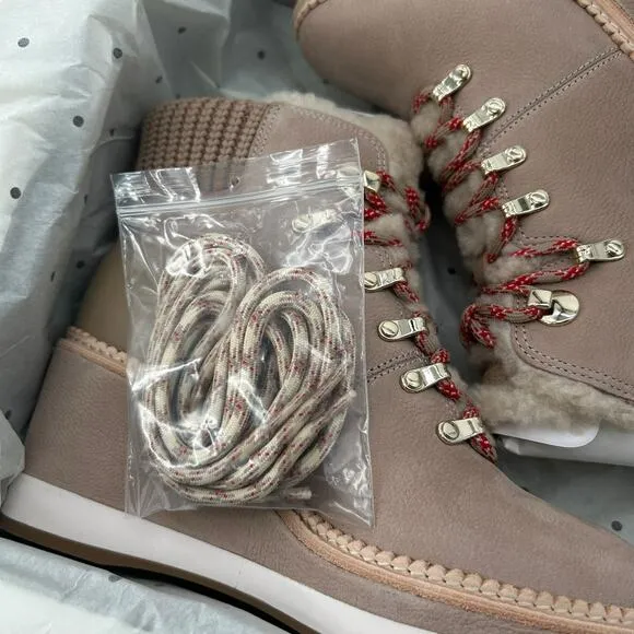 NEW Kate Spade Lace Up Wedge Boots size 8.5 Tan Shearling Leather Hiking Casual