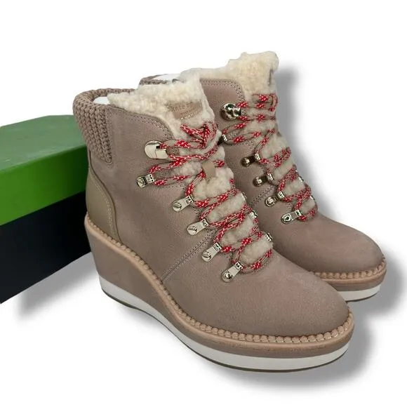 NEW Kate Spade Lace Up Wedge Boots size 8.5 Tan Shearling Leather Hiking Casual
