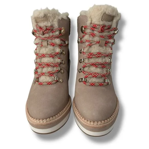 NEW Kate Spade Lace Up Wedge Boots size 8.5 Tan Shearling Leather Hiking Casual