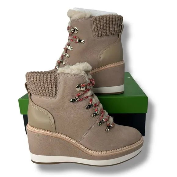 NEW Kate Spade Lace Up Wedge Boots size 8.5 Tan Shearling Leather Hiking Casual