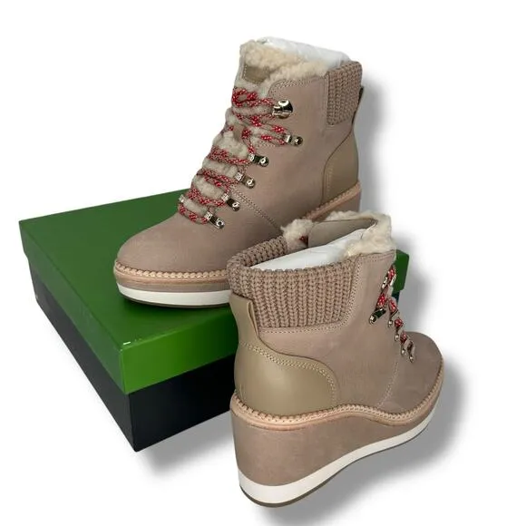 NEW Kate Spade Lace Up Wedge Boots size 8.5 Tan Shearling Leather Hiking Casual