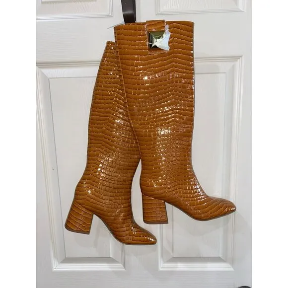 New Katy Perry The Geminni Boot Tan Croc Print Knee-High Block Heel 8M/38
