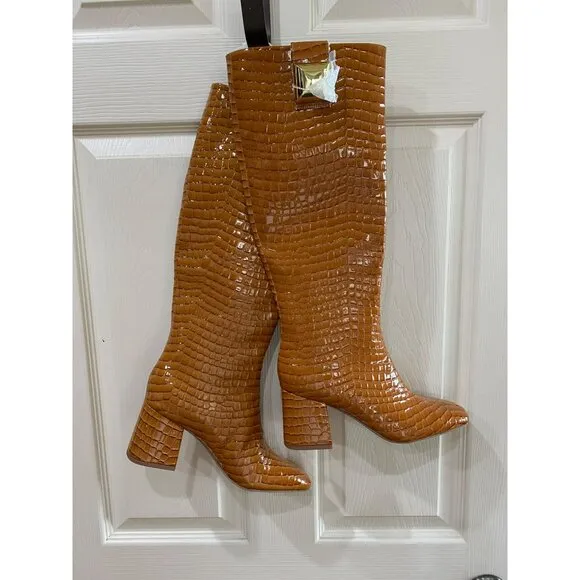 New Katy Perry The Geminni Boot Tan Croc Print Knee-High Block Heel 8M/38