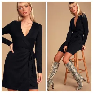 NEW Lulus Literary Lover Black Wrap Knit Sweater Dress Long Sleeves. Women Small