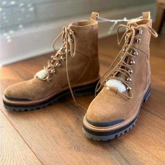 New Marc Fisher Izzie Lug Sole Combat Boots Brown Leather &amp; Sheep Fur