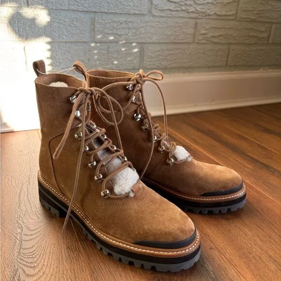 New Marc Fisher Izzie Lug Sole Combat Boots Brown Leather &amp; Sheep Fur