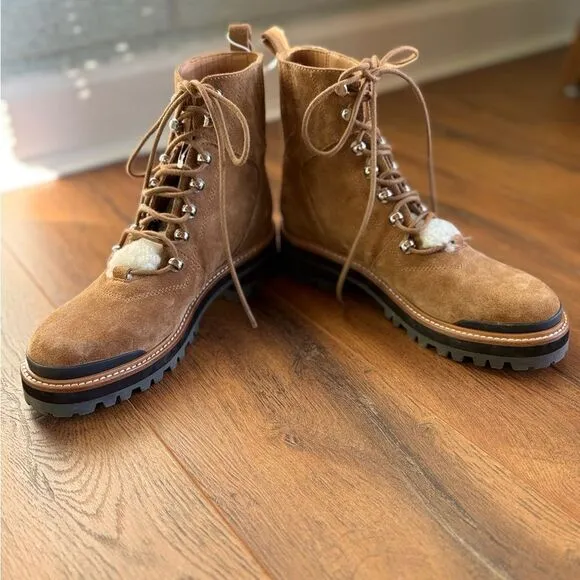 New Marc Fisher Izzie Lug Sole Combat Boots Brown Leather &amp; Sheep Fur