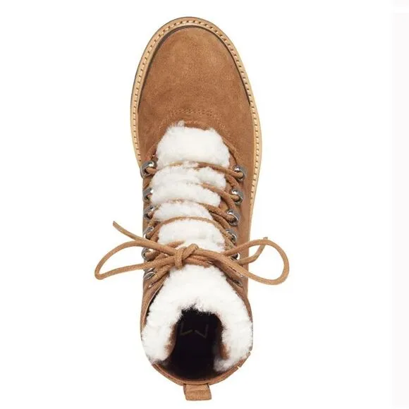 New Marc Fisher Izzie Lug Sole Combat Boots Brown Leather &amp; Sheep Fur