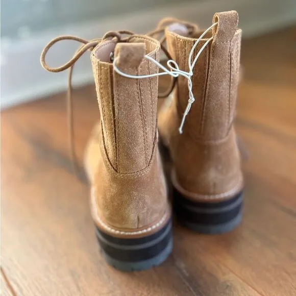 New Marc Fisher Izzie Lug Sole Combat Boots Brown Leather &amp; Sheep Fur