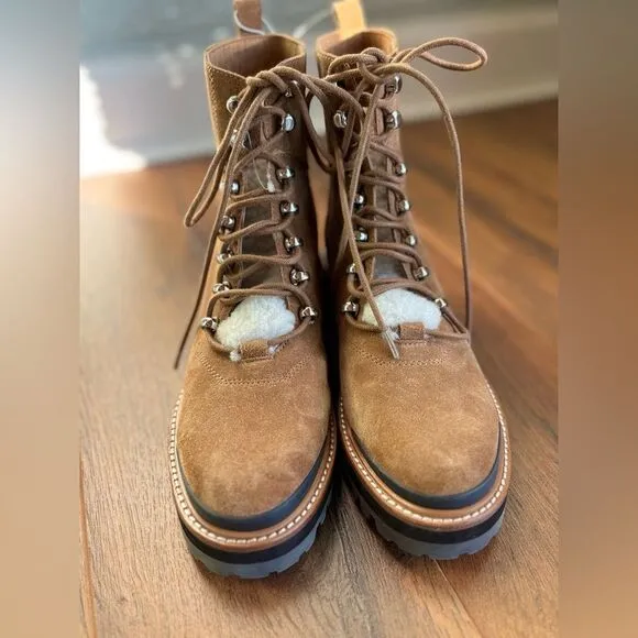 New Marc Fisher Izzie Lug Sole Combat Boots Brown Leather &amp; Sheep Fur