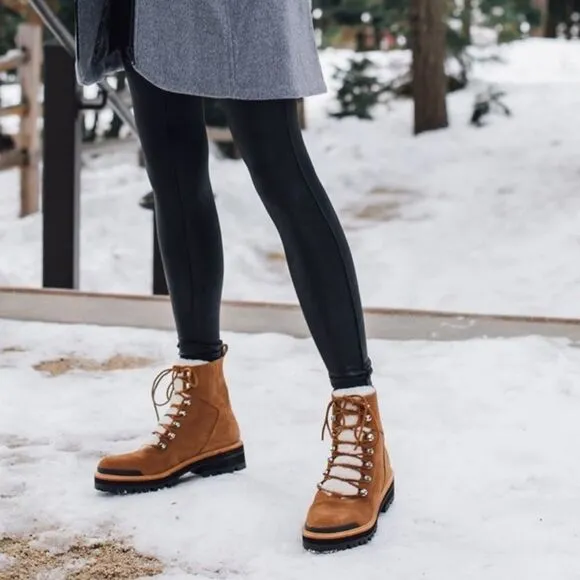 New Marc Fisher Izzie Lug Sole Combat Boots Brown Leather &amp; Sheep Fur