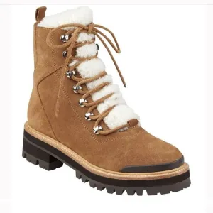 New Marc Fisher Izzie Lug Sole Combat Boots Brown Leather &amp; Sheep Fur