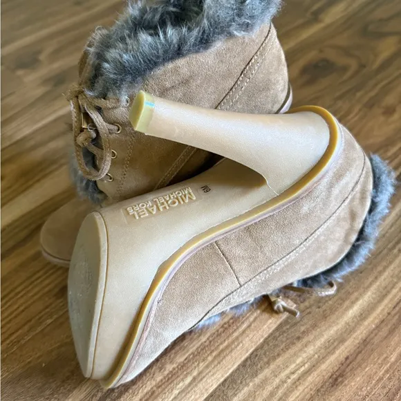 New Michael Kors Brown Fur-Trimmed Women's Heeled Lace Up Ankle Boots size 6