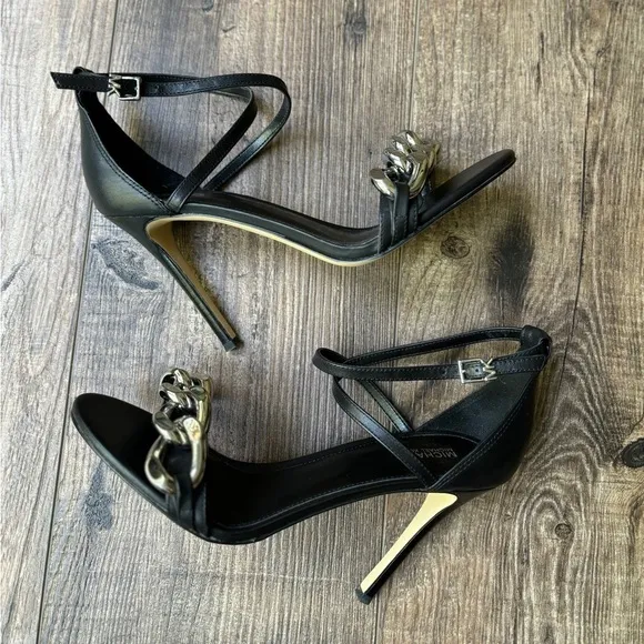 NEW Michael Kors Heels with Silver Chain Open Toe Black Women's Size 8.5