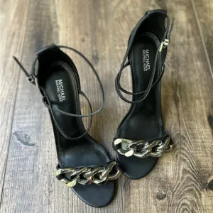 NEW Michael Kors Heels with Silver Chain Open Toe Black Women's Size 8.5