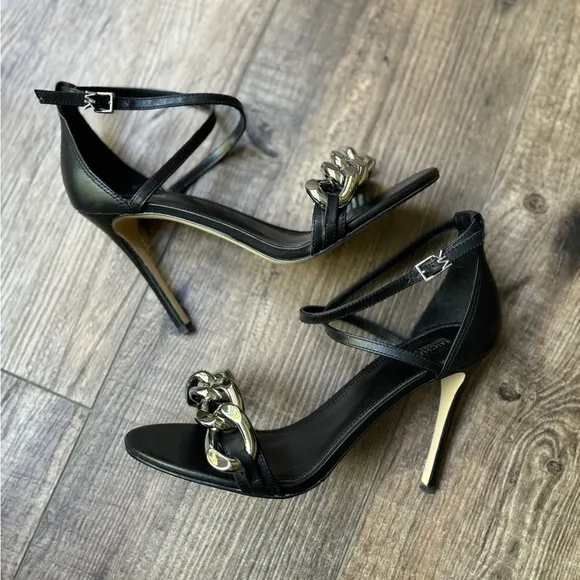 NEW Michael Kors Heels with Silver Chain Open Toe Black Women's Size 8.5