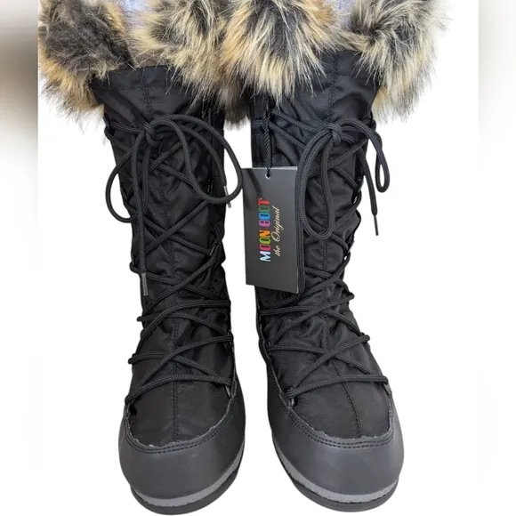NEW ...Moon Boot Monaco Black and Tan Winter  Boots with Fur Trim..EU 37..(US 6)