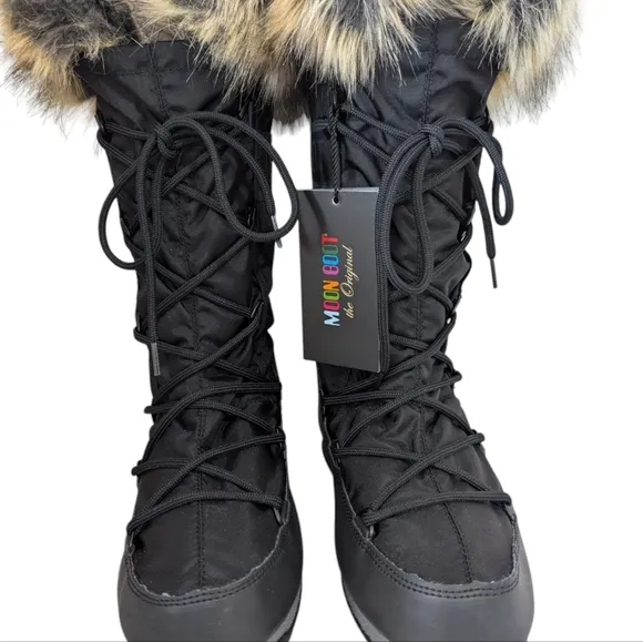 NEW ...Moon Boot Monaco Black and Tan Winter  Boots with Fur Trim..EU 37..(US 6)