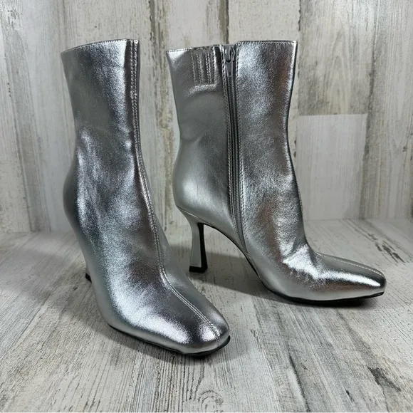 NEW Open Edit Hesper Silver Faux Leather High Heel Ankle Boots #104
