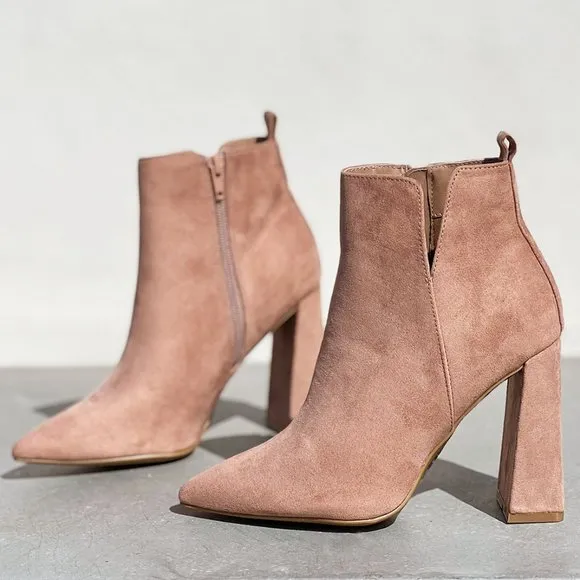 NEW Pointy Toe Geometric Triangle Block Heel Cutout Side Suede Ankle Bootie Boot