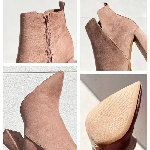 NEW Pointy Toe Geometric Triangle Block Heel Cutout Side Suede Ankle Bootie Boot