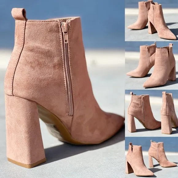 NEW Pointy Toe Geometric Triangle Block Heel Cutout Side Suede Ankle Bootie Boot