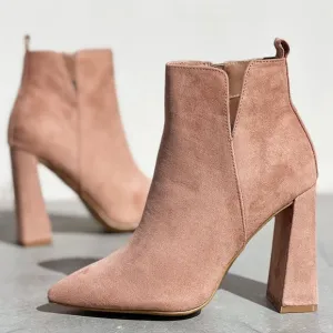 NEW Pointy Toe Geometric Triangle Block Heel Cutout Side Suede Ankle Bootie Boot