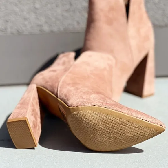 NEW Pointy Toe Geometric Triangle Block Heel Cutout Side Suede Ankle Bootie Boot