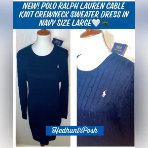 New! Polo Ralph Lauren Cable Knit Crewneck Sweater Dress in Navy Size Large🤍🐎