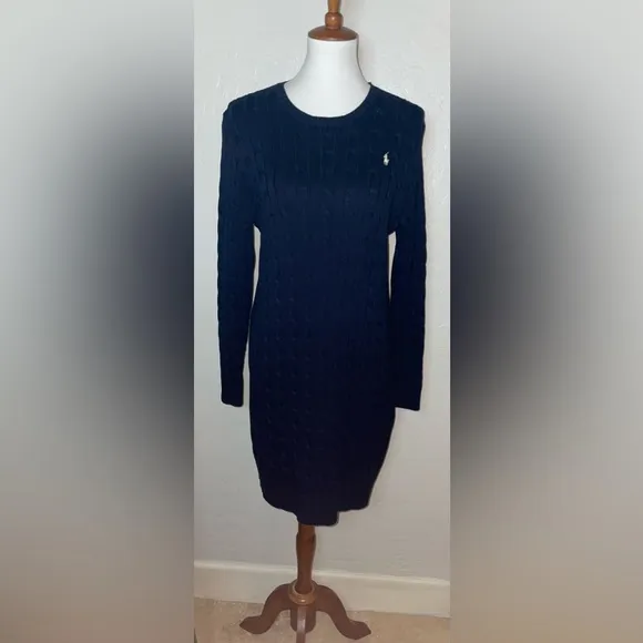 New! Polo Ralph Lauren Cable Knit Crewneck Sweater Dress in Navy Size Large🤍🐎