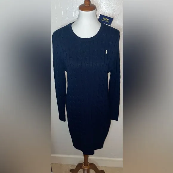 New! Polo Ralph Lauren Cable Knit Crewneck Sweater Dress in Navy Size Large🤍🐎