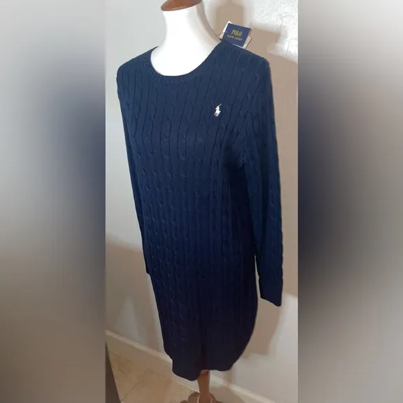 New! Polo Ralph Lauren Cable Knit Crewneck Sweater Dress in Navy Size Large🤍🐎