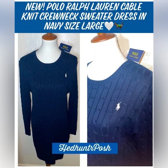 New! Polo Ralph Lauren Cable Knit Crewneck Sweater Dress in Navy Size Large🤍🐎