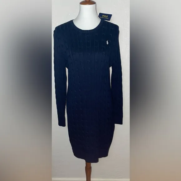 New! Polo Ralph Lauren Cable Knit Crewneck Sweater Dress in Navy Size Large🤍🐎