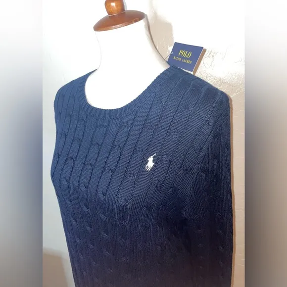 New! Polo Ralph Lauren Cable Knit Crewneck Sweater Dress in Navy Size Large🤍🐎