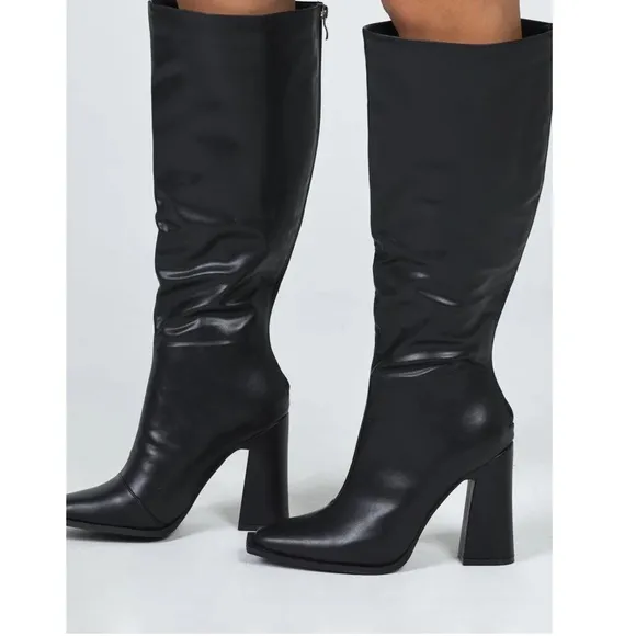New Princess Polly Keeley Matte Black Faux Leather Square Toe Boots