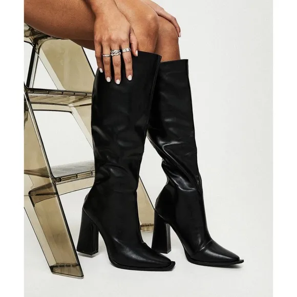 New Princess Polly Keeley Matte Black Faux Leather Square Toe Boots